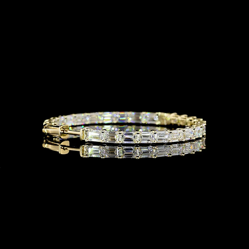 14K Yellow Gold 8.64 Carats Total Weight Emerald Cut Lab Diamond East-West Hoop Earrings - 50 Stones, E-F VS2 Clarity - Covaloro Fine Jewelry - Image 3