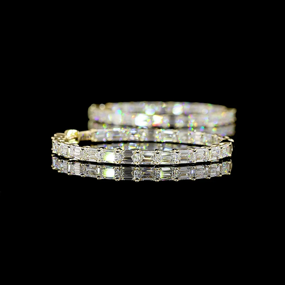 14K Yellow Gold 8.64 Carats Total Weight Emerald Cut Lab Diamond East-West Hoop Earrings - 50 Stones, E-F VS2 Clarity - Covaloro Fine Jewelry - Image 4