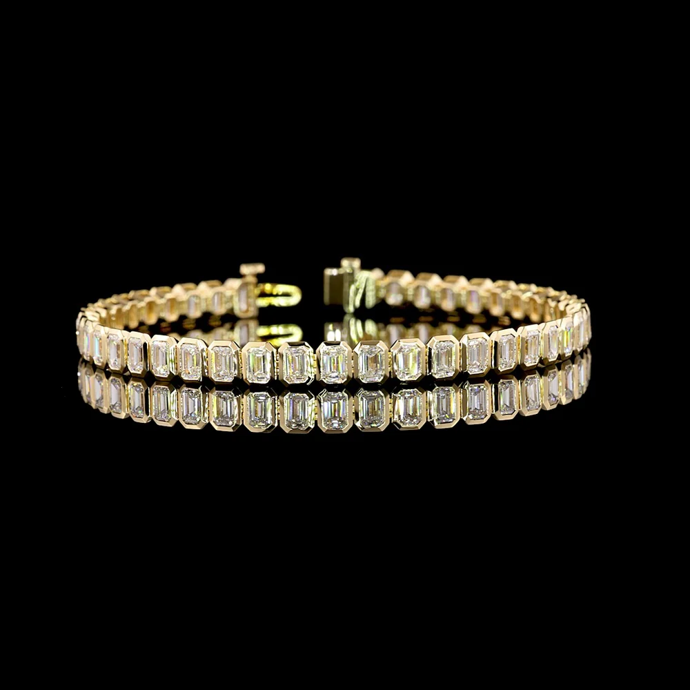 14K Yellow Gold 8.8 Carat Tennis Bracelet with Bezel Set Emerald Cut Lab Diamonds, E-F Color VVS2 Clarity - 44 Stones - Covaloro Fine Jewelry