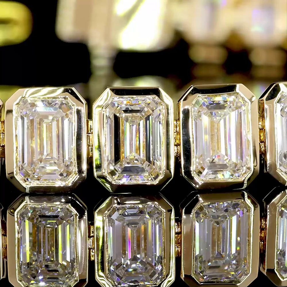 14K Yellow Gold 8.8 Carat Tennis Bracelet with Bezel Set Emerald Cut Lab Diamonds, E-F Color VVS2 Clarity - 44 Stones - Covaloro Fine Jewelry - Image 3