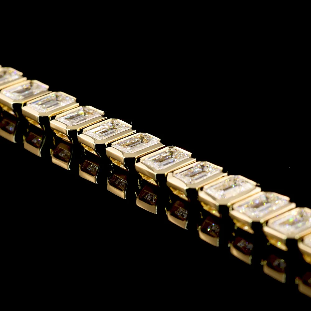 14K Yellow Gold 8.8 Carat Tennis Bracelet with Bezel Set Emerald Cut Lab Diamonds, E-F Color VVS2 Clarity - 44 Stones - Covaloro Fine Jewelry - Image 4