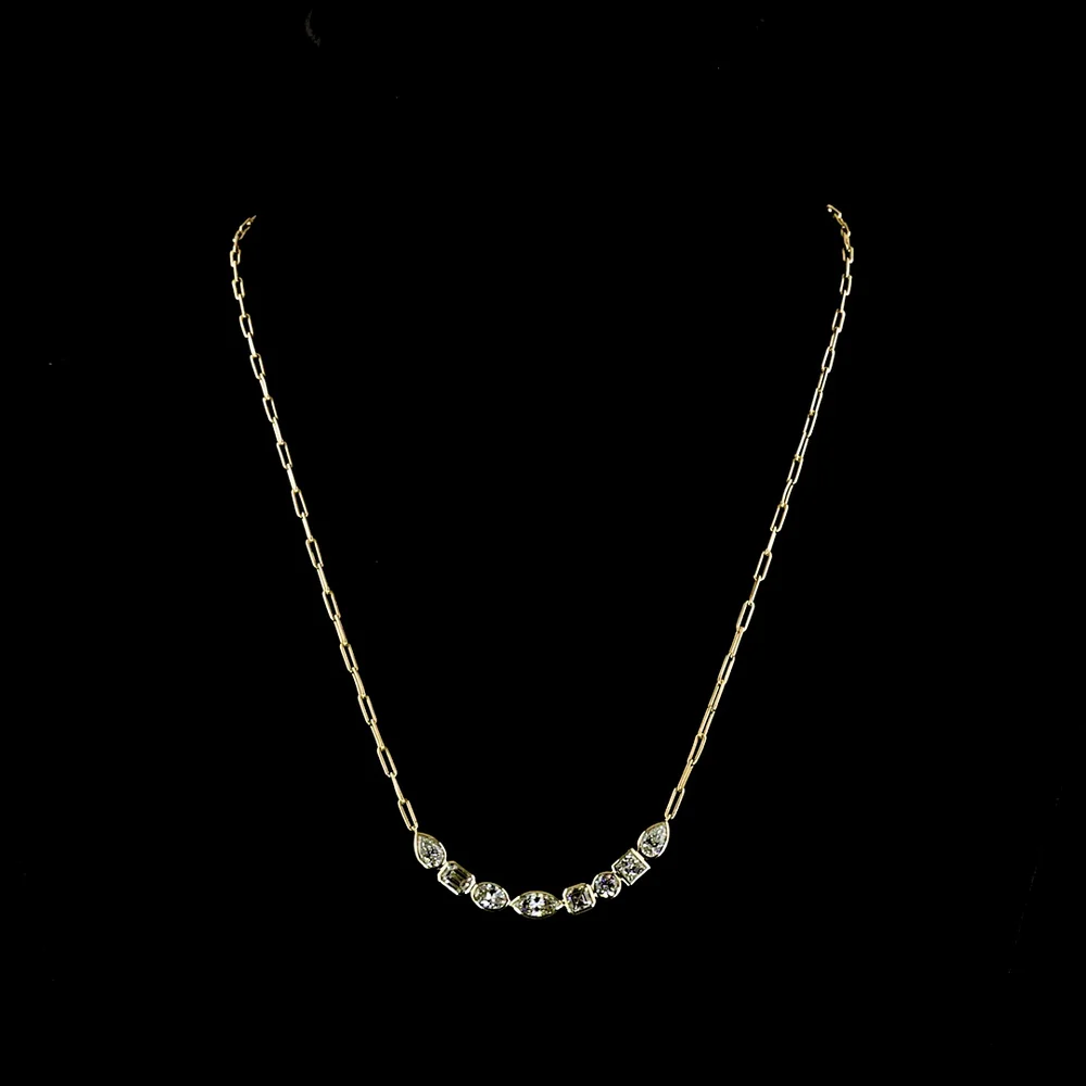 14K Yellow Gold 8-Stone Mixed Shape Lab Diamond Necklace with Bezel Set Emerald, Marquise, Pear, and Asscher Cuts - 2.31 Carat Total Weight - Covaloro Fine Jewelry
