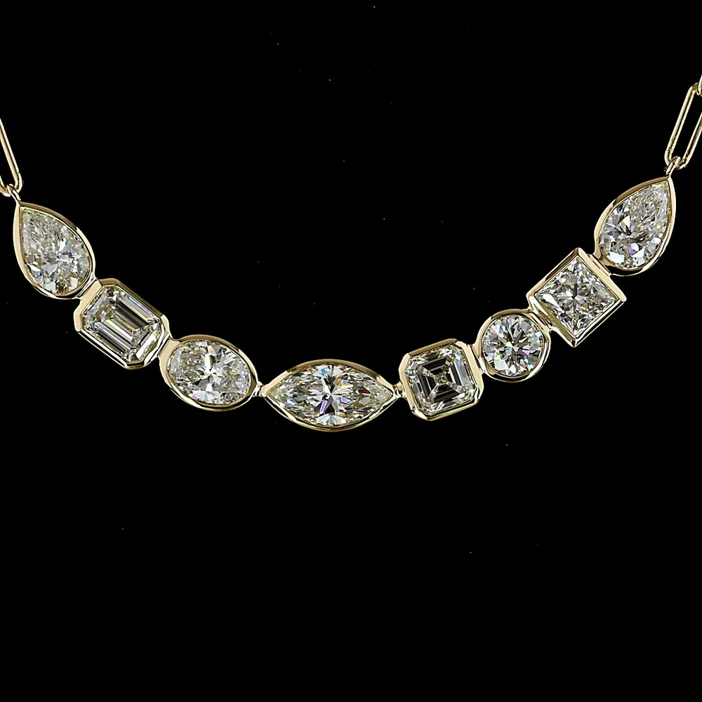 14K Yellow Gold 8-Stone Mixed Shape Lab Diamond Necklace with Bezel Set Emerald, Marquise, Pear, and Asscher Cuts - 2.31 Carat Total Weight - Covaloro Fine Jewelry - Image 2