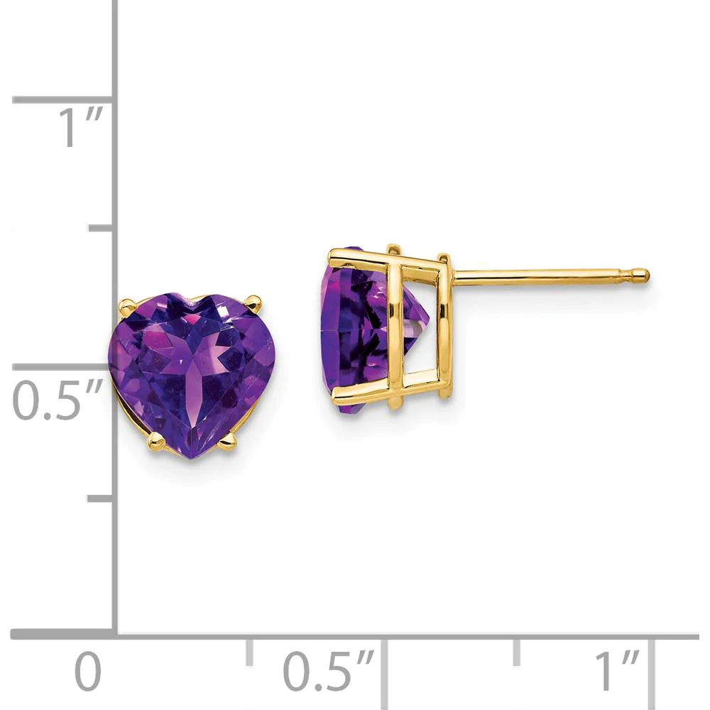 14K Yellow Gold 8mm Heart-Shaped Amethyst Stud Earrings - 1.65 Carat Total Gem Weight by Monteluci Fine Jewelry - Image 4