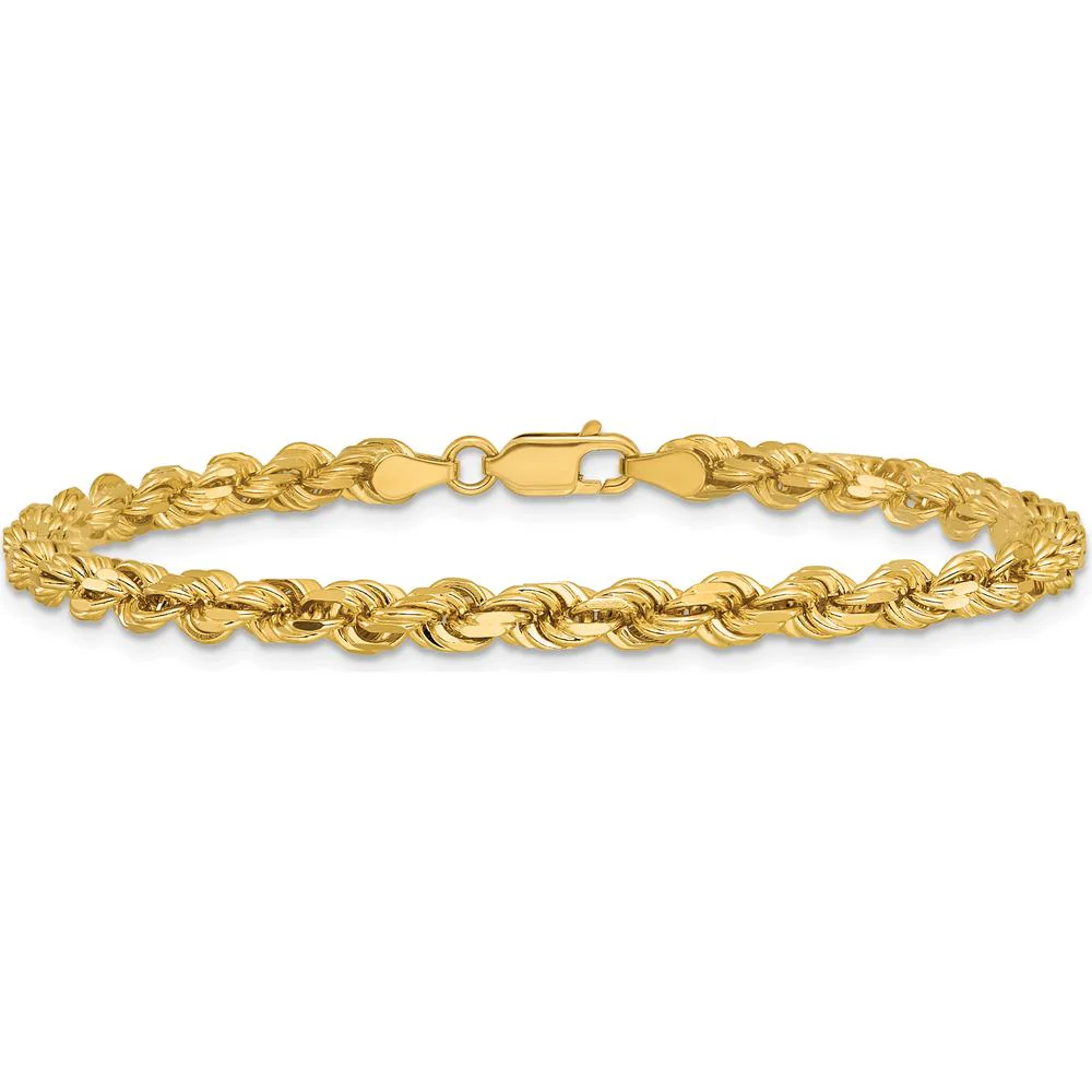 14K Yellow Gold 9" Solid Diamond-Cut Rope Chain Bracelet with Lobster Clasp - 4.25mm by Oro Pregiato - Image 4