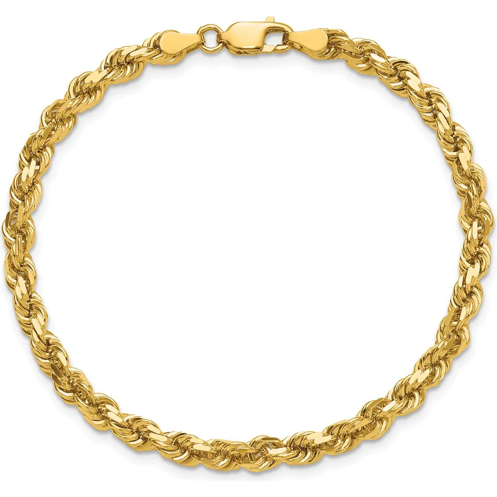 14K Yellow Gold 9" Solid Diamond-Cut Rope Chain Bracelet with Lobster Clasp - 4.25mm by Oro Pregiato - Image 5