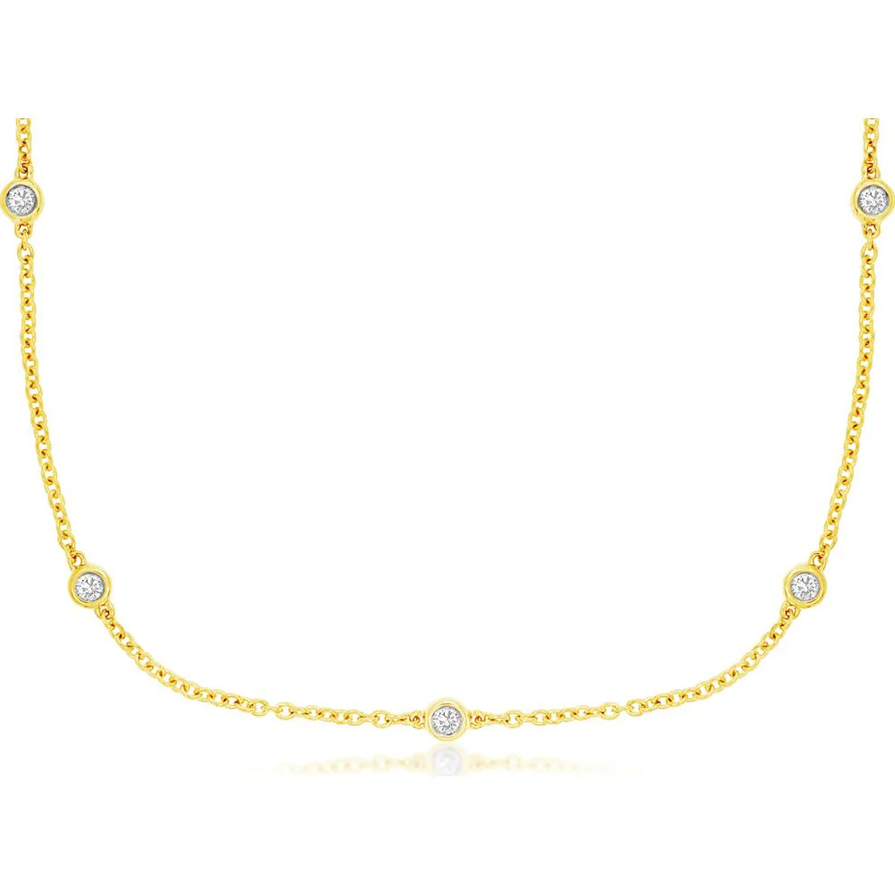 14K Yellow Gold 9 Station Necklace with Bezel Set Round Diamonds - 0.20 Carat Total Diamond Weight - Royal Jewelry