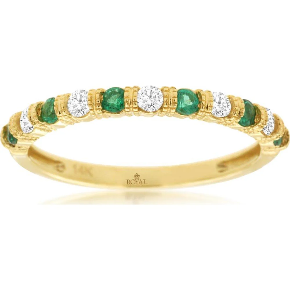14K Yellow Gold Alternating Emerald and Diamond Band with Round Cut Stones - 0.28 Carat Emerald and 0.17 Carat Diamond Total Weight - Royal Jewelry