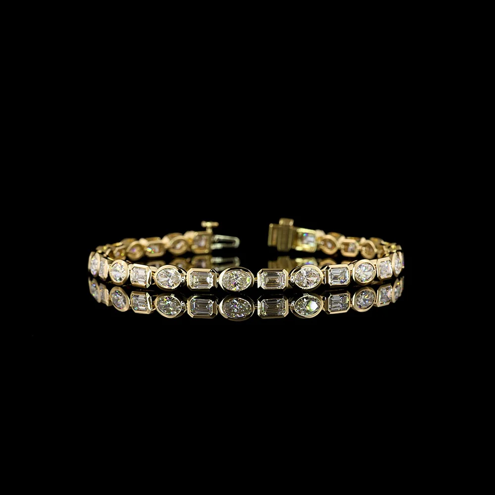 14K Yellow Gold Alternating Emerald Cut and Oval Cut Lab Diamond Tennis Bracelet - Bezel Set East-West Orientation - 8.79 Carat Total Diamond Weight - Covaloro Fine Jewelry