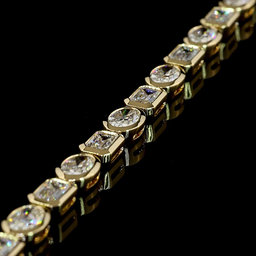 14K Yellow Gold Alternating Emerald Cut and Oval Cut Lab Diamond Tennis Bracelet - Bezel Set East-West Orientation - 8.79 Carat Total Diamond Weight - Covaloro Fine Jewelry - Image 3