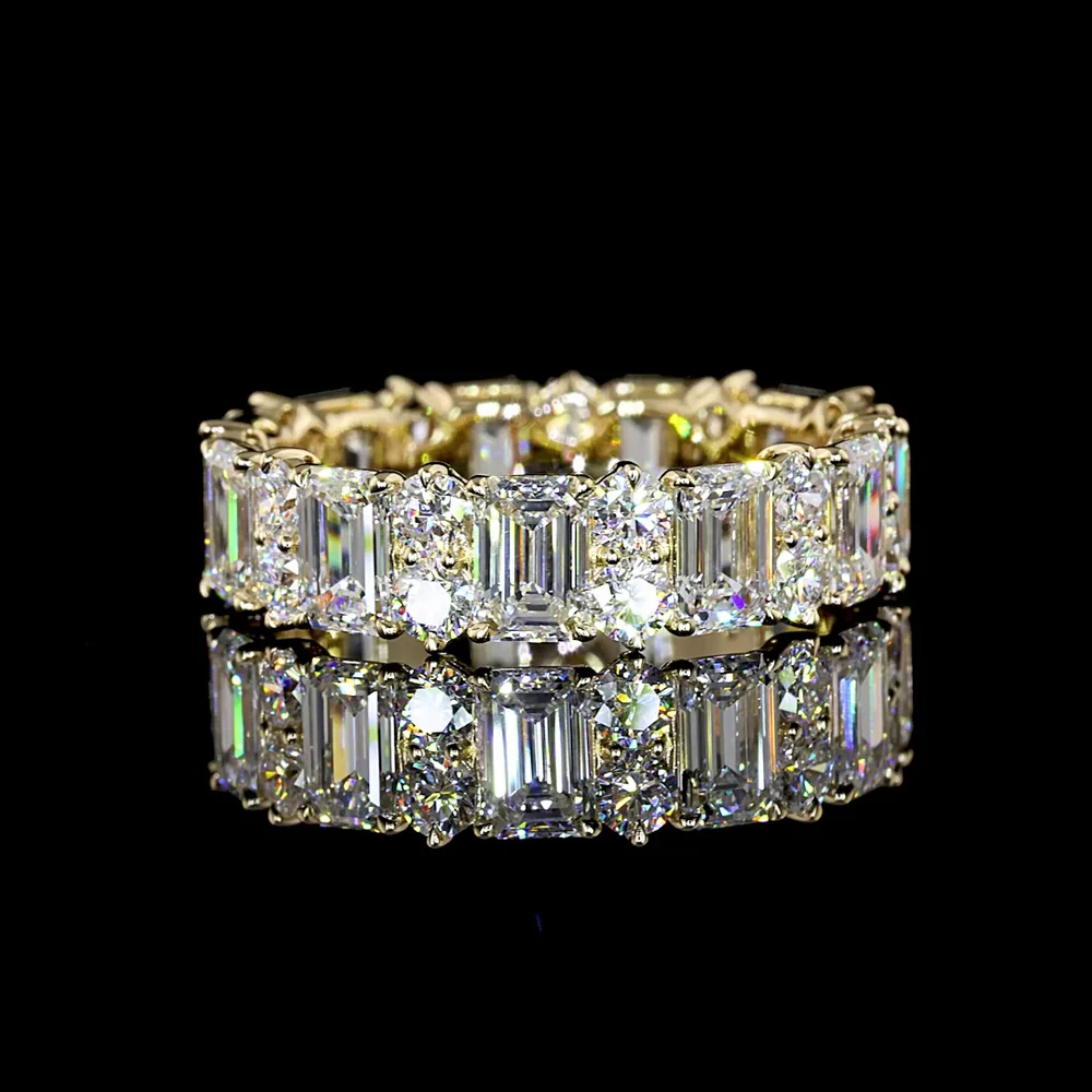 14K Yellow Gold Alternating Emerald Cut & Round Brilliant Diamond Eternity Band - Lab Diamonds, E-F Color, VS Clarity - 4.88 Carat Total Weight - Covaloro Fine Jewelry