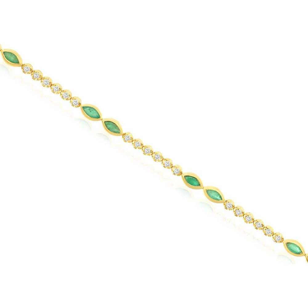 14K Yellow Gold Alternating Marquise Emerald and Round Diamond Station Bracelet - 1.00 Carat Total Emerald Weight - 0.45 Carat Total Diamond Weight - Royal Jewelry