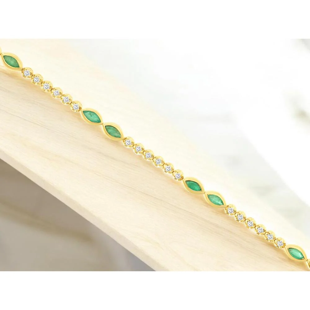 14K Yellow Gold Alternating Marquise Emerald and Round Diamond Station Bracelet - 1.00 Carat Total Emerald Weight - 0.45 Carat Total Diamond Weight - Royal Jewelry - Image 2