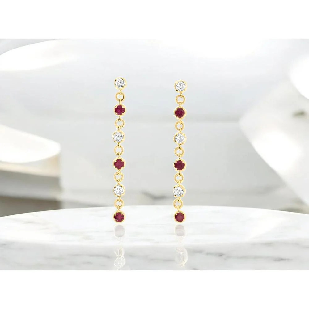 14K Yellow Gold Alternating Ruby and Diamond Drop Earrings with Round Cut Stones - 0.52 Carat Total Ruby Weight and 0.40 Carat Total Diamond Weight - Royal Jewelry - Image 2