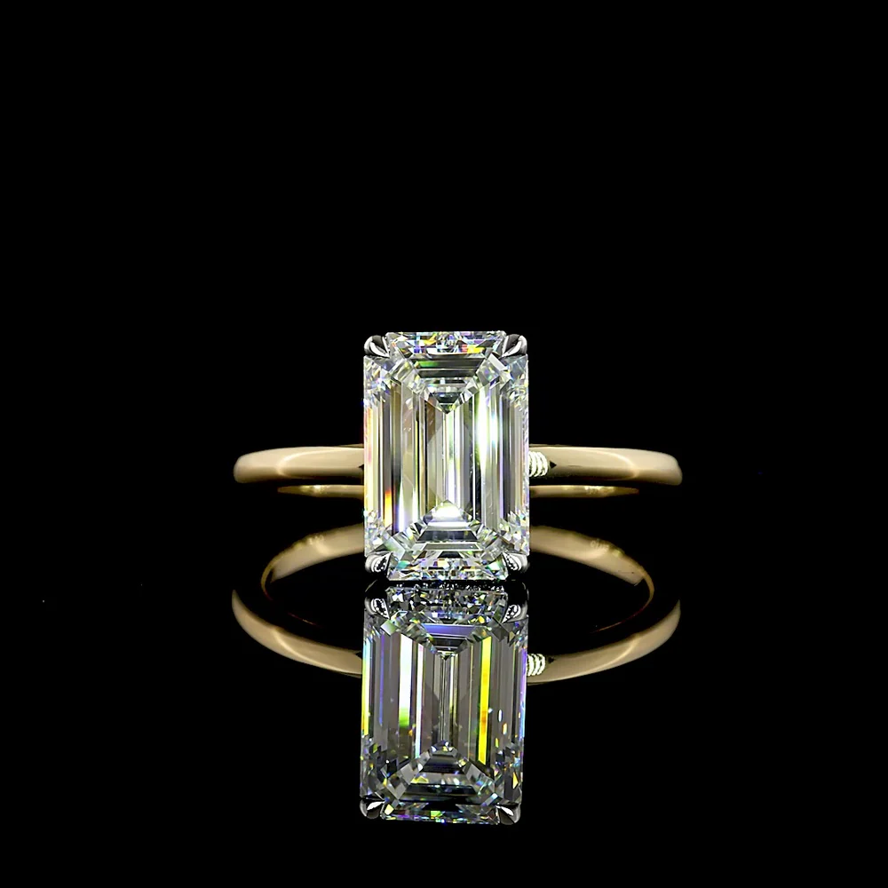 14K Yellow Gold and Platinum Emerald Cut Lab Diamond Engagement Ring with Hidden Halo - 2.76 Carat Total Diamond Weight, F VVS2 Clarity - Covaloro Fine Jewelry