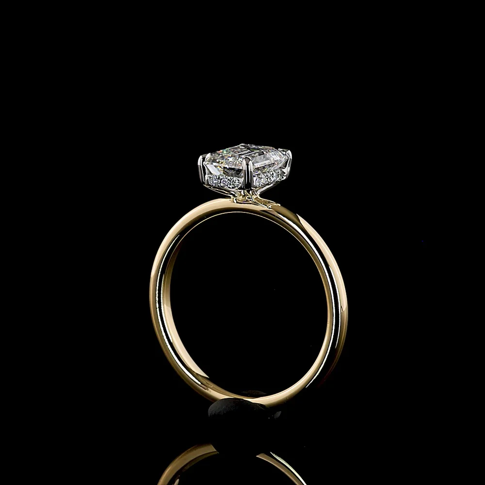 14K Yellow Gold and Platinum Hidden Halo Ring with 1.25 Carat Emerald Cut Lab Diamond and 0.06 Carat Brilliant Cut Lab Diamonds - 1.31 Total Carat Weight - Covaloro Fine Jewelry - Image 3