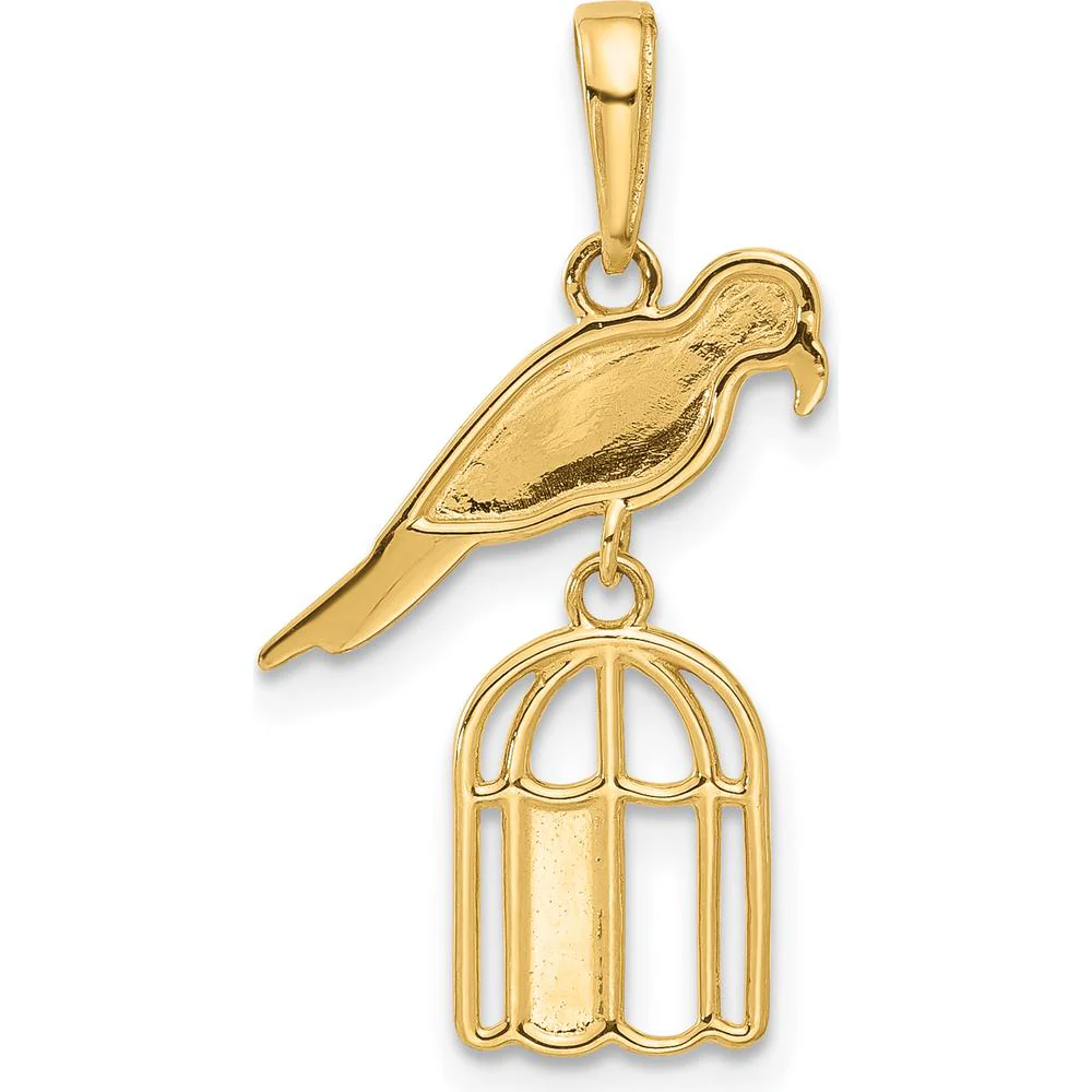 14K Yellow Gold and Rhodium Diamond-Cut Bird on Birdcage Pendant - Polished Charm Design by Oro Pregiato - Image 3