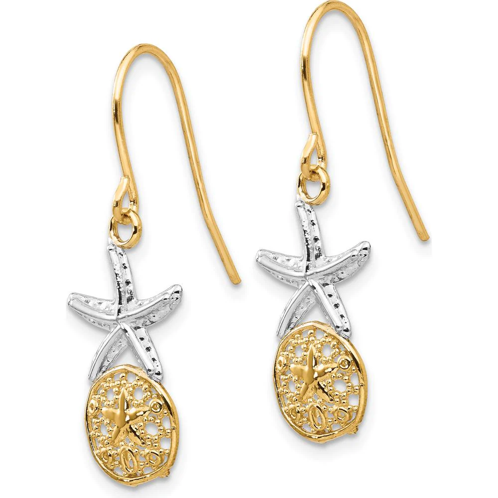 14K Yellow Gold & Rhodium Starfish with Sand Dollar Drop Earrings by Oro Pregiato - Image 2