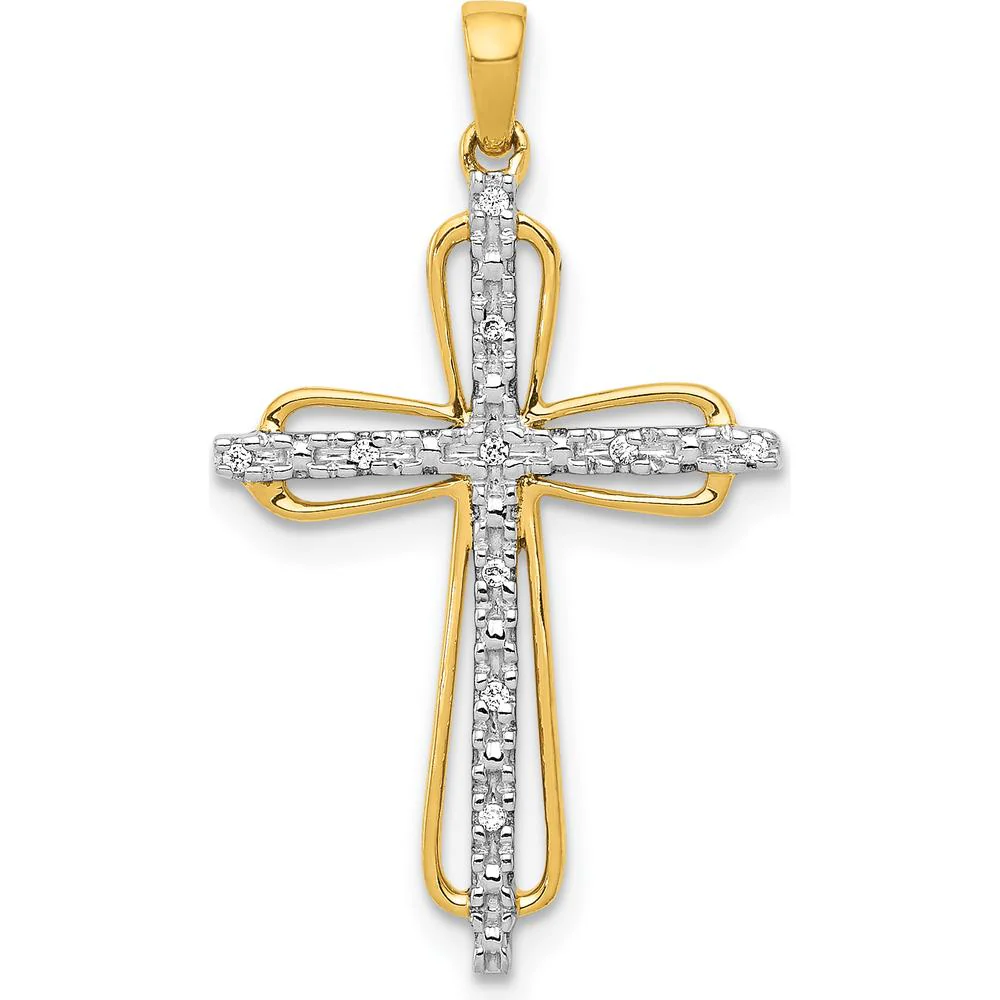 14K Yellow Gold and White Rhodium Diamond Cross Pendant - 0.03 Carat Total Diamond Weight by Monteluci Fine Jewelry
