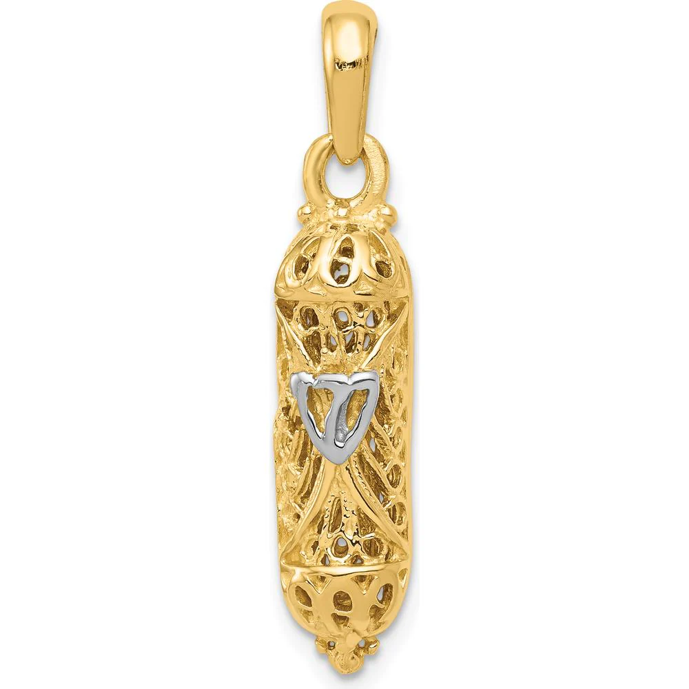 14K Yellow Gold and White Rhodium Mezuzah Pendant with Shin Charm by Oro Pregiato