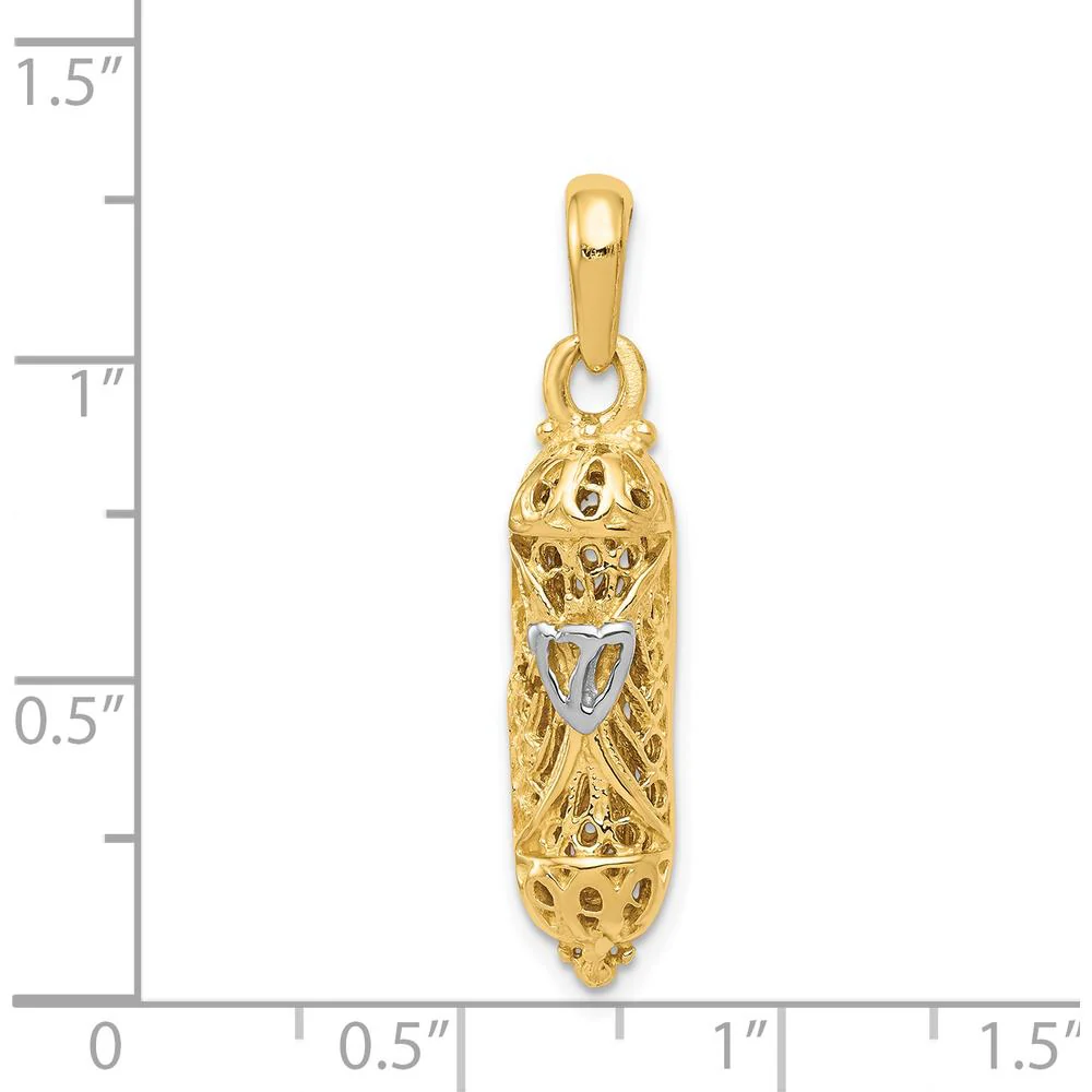 14K Yellow Gold and White Rhodium Mezuzah Pendant with Shin Charm by Oro Pregiato - Image 4