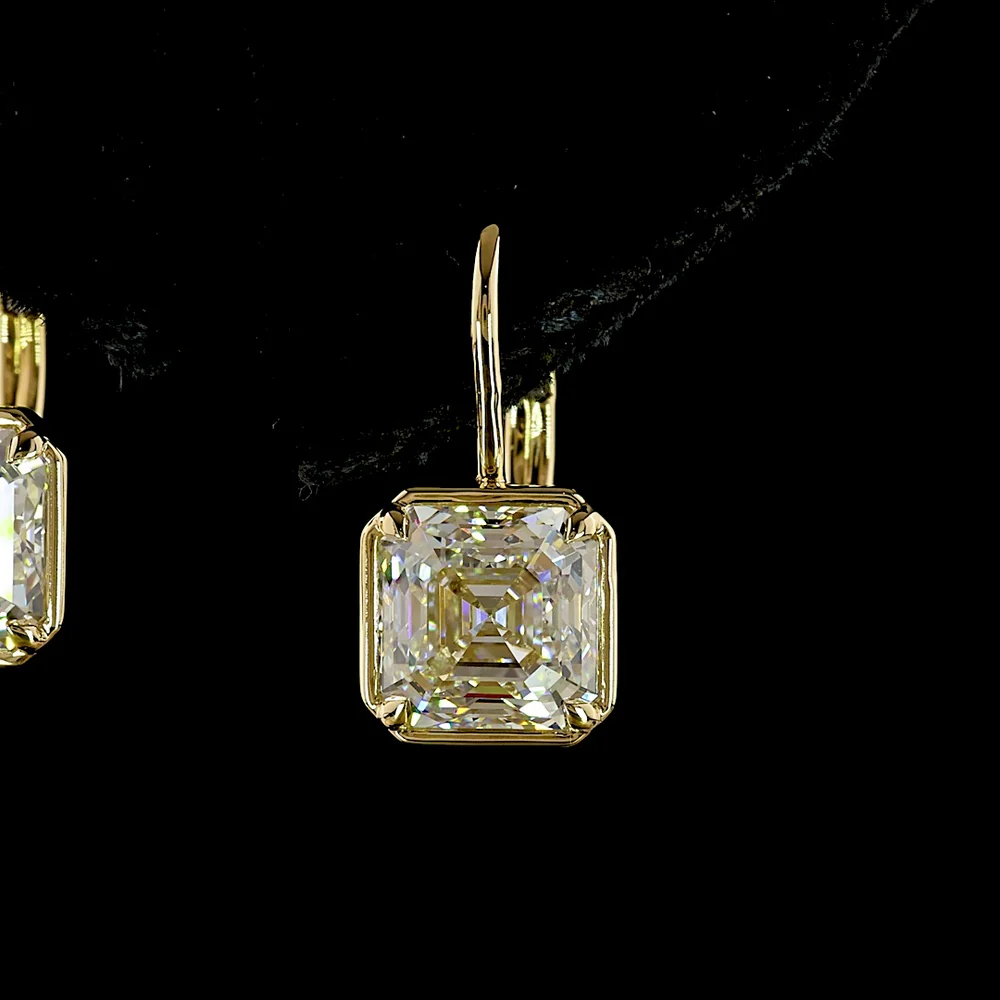 14K Yellow Gold Antique Asscher Cut Lab Diamond Hanging Earrings - 3.17 Carats Total Diamond Weight, E-F VS1 - Covaloro Fine Jewelry - Image 2