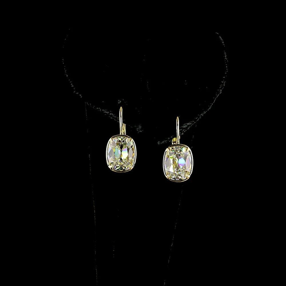 14K Yellow Gold Antique Cushion Cut Lab Diamond Drop Earrings - 5.15 Total Carat Weight, E-F Color VS1 Clarity - Covaloro Fine Jewelry