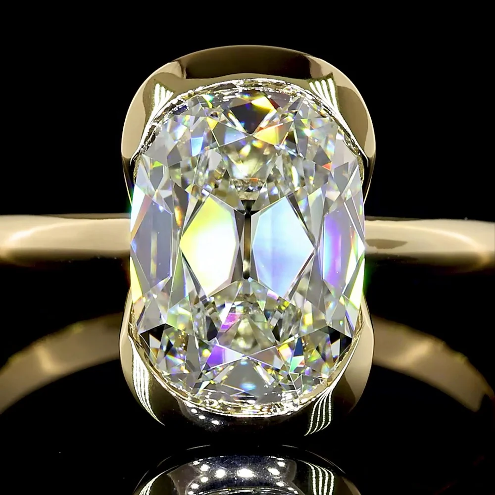 14K Yellow Gold Antique Cushion Cut Lab Diamond Solitaire Ring with Half Bezel Setting - 2.72 Carat Total Weight, E-F Color, VVS2 Clarity, IGI Certified - Covaloro Fine Jewelry - Image 2