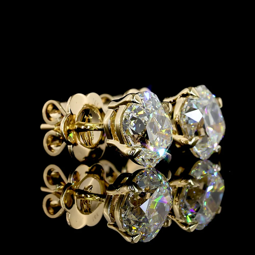 14K Yellow Gold Antique Cushion Cut Lab Diamond Stud Earrings - 2.59 Carat Total Weight, E-F VVS2 Clarity, North-South Prong Set - Covaloro Fine Jewelry