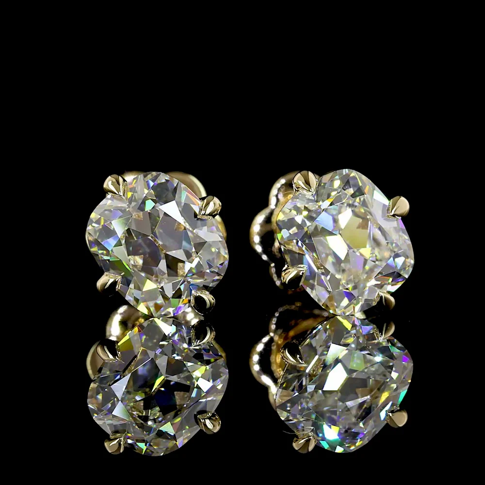 14K Yellow Gold Antique Cushion Cut Lab Diamond Stud Earrings - 2.59 Carat Total Weight, E-F VVS2 Clarity, North-South Prong Set - Covaloro Fine Jewelry - Image 2