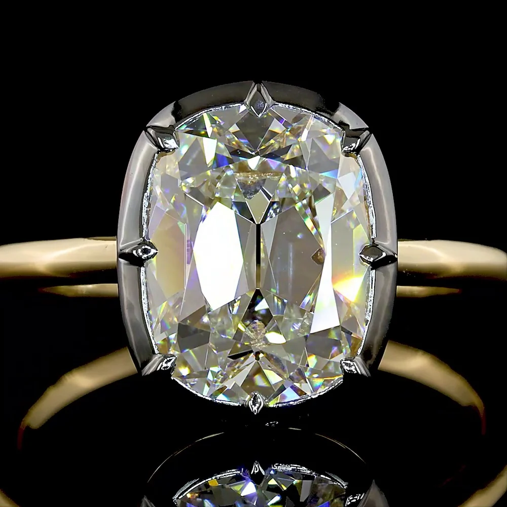 14K Yellow Gold Antique Cushion Cut Solitaire Ring with Black Rhodium Bezel Setting and 3.28 Carat Lab Diamond E-F VS1 - Covaloro Fine Jewelry - Image 2