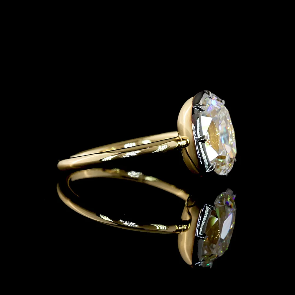 14K Yellow Gold Antique Cushion Cut Solitaire Ring with Black Rhodium Bezel Setting and 3.28 Carat Lab Diamond E-F VS1 - Covaloro Fine Jewelry - Image 3