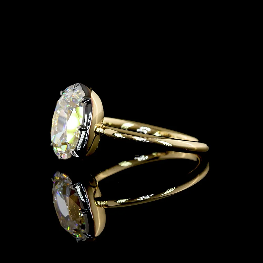 14K Yellow Gold Antique Cushion Cut Solitaire Ring with Black Rhodium Bezel Setting and 3.28 Carat Lab Diamond E-F VS1 - Covaloro Fine Jewelry - Image 4