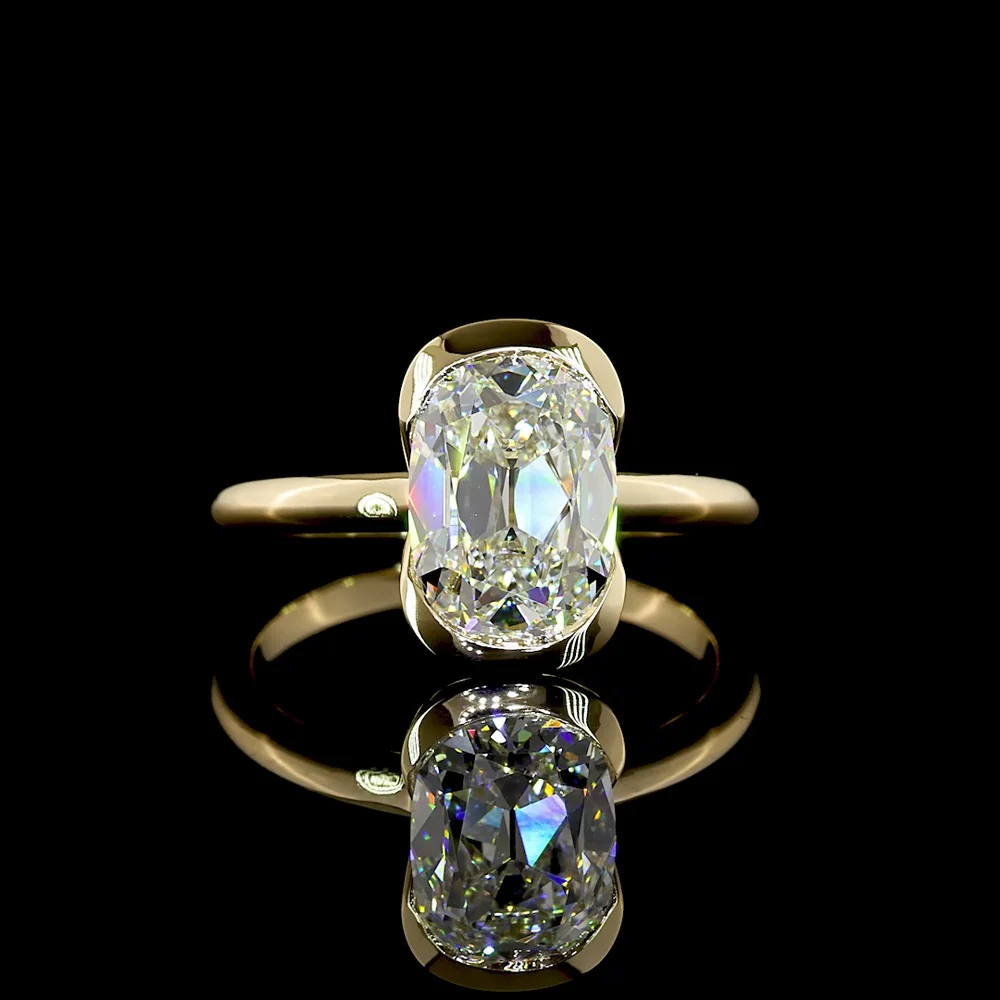 14K Yellow Gold Antique Cushion Cut Solitaire Ring with Half Bezel Setting - 2.65 Carat Lab Diamond, E-VVS2 Clarity, IGI Certified - Covaloro Fine Jewelry