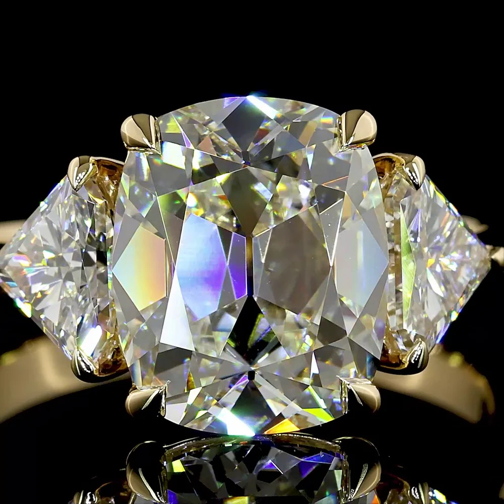 14K Yellow Gold Antique Cushion Three Stone Ring with Half-Moon Lab Diamonds - 4.58 Carat Total Weight (3.58 Carat Center E VVS2) - Covaloro Fine Jewelry - Image 2