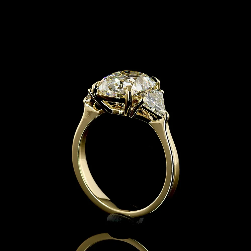 14K Yellow Gold Antique Cushion Three Stone Ring with Half-Moon Lab Diamonds - 4.58 Carat Total Weight (3.58 Carat Center E VVS2) - Covaloro Fine Jewelry - Image 3