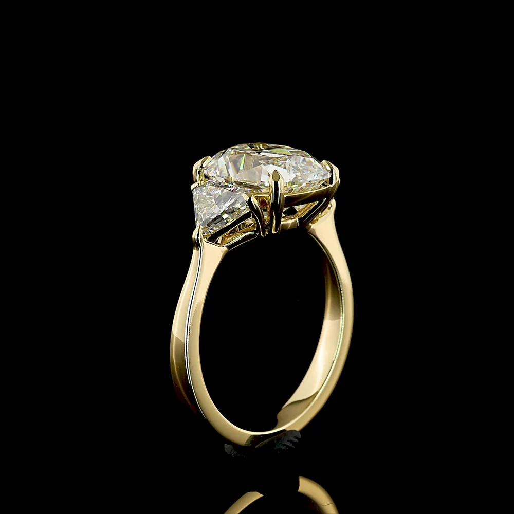14K Yellow Gold Antique Cushion Three Stone Ring with Half-Moon Lab Diamonds - 4.58 Carat Total Weight (3.58 Carat Center E VVS2) - Covaloro Fine Jewelry - Image 4