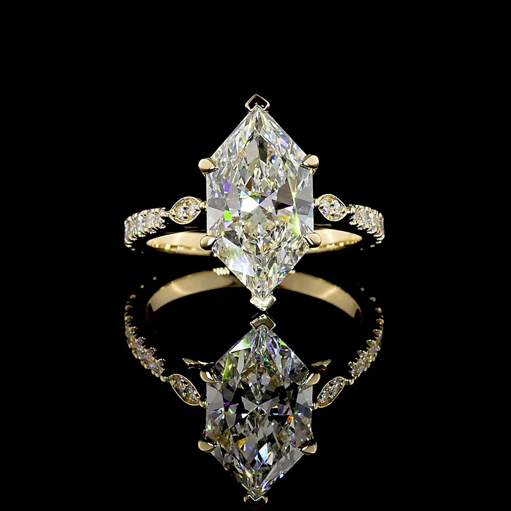 14K Yellow Gold Antique Marquise Cut Solitaire Ring with Brilliant Diamond Shank - 3.65 Carat Total Lab Diamond Weight - Covaloro Fine Jewelry