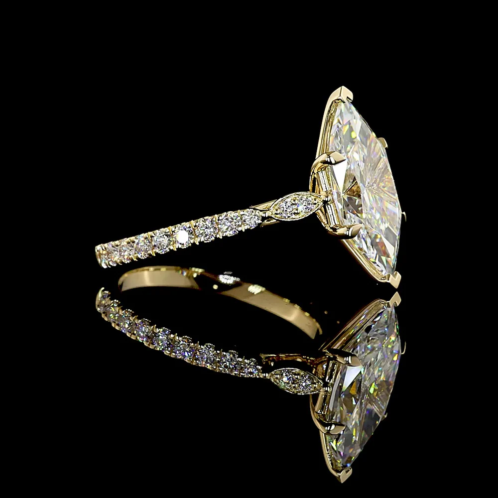 14K Yellow Gold Antique Marquise Cut Solitaire Ring with Brilliant Diamond Shank - 3.65 Carat Total Lab Diamond Weight - Covaloro Fine Jewelry - Image 2