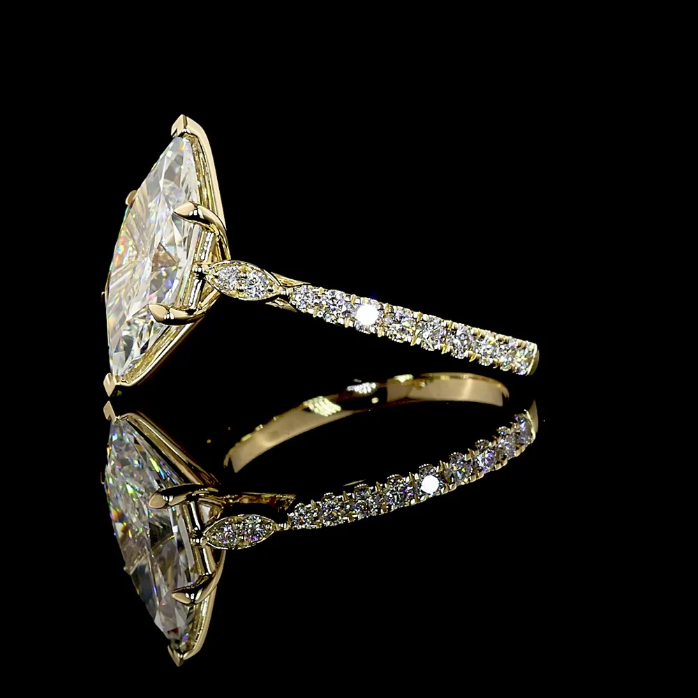 14K Yellow Gold Antique Marquise Cut Solitaire Ring with Brilliant Diamond Shank - 3.65 Carat Total Lab Diamond Weight - Covaloro Fine Jewelry - Image 3