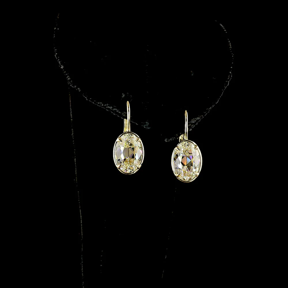 14K Yellow Gold Antique Oval Lab Diamond Drop Earrings - 4.07 Carat Total Weight, E-F Color VS1 Clarity with Bezel-Prong Setting - Covaloro Fine Jewelry
