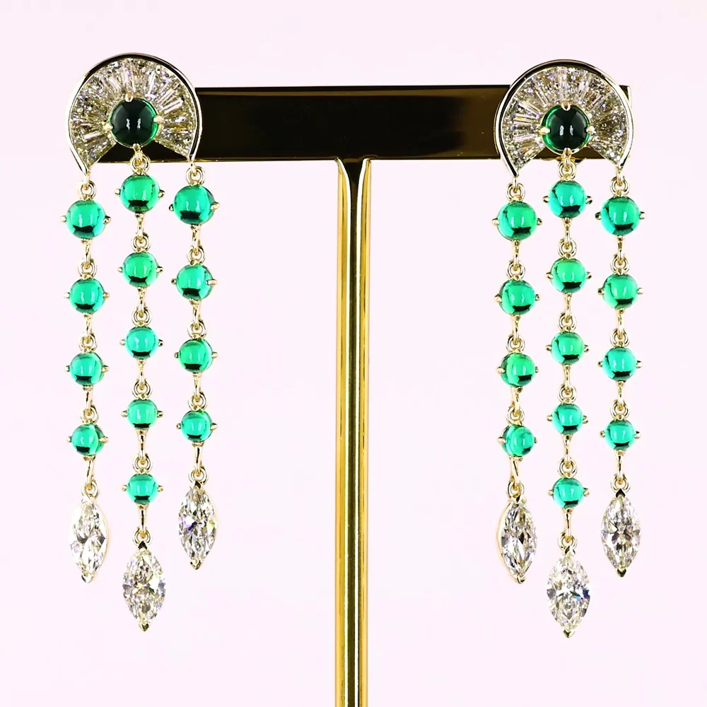 14K Yellow Gold Art Deco Style Drop Earrings with Green Emerald and Marquise Cut Clear Stones - 3.86 Carat Total Gem Weight - Covaloro Fine Jewelry