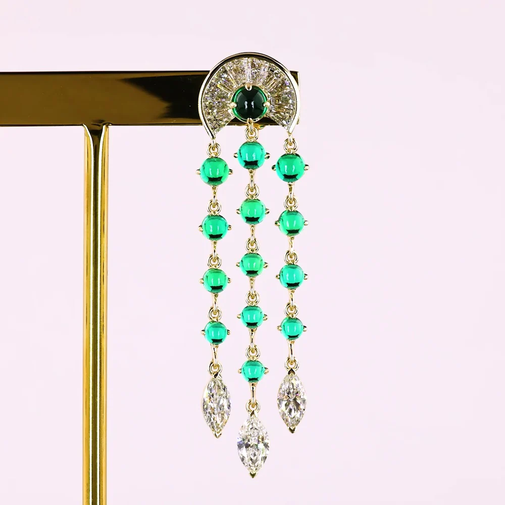 14K Yellow Gold Art Deco Style Drop Earrings with Green Emerald and Marquise Cut Clear Stones - 3.86 Carat Total Gem Weight - Covaloro Fine Jewelry - Image 2