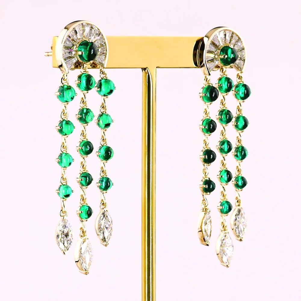14K Yellow Gold Art Deco Style Drop Earrings with Green Emerald and Marquise Cut Clear Stones - 3.86 Carat Total Gem Weight - Covaloro Fine Jewelry - Image 3