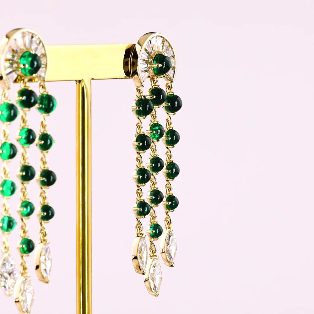 14K Yellow Gold Art Deco Style Drop Earrings with Green Emerald and Marquise Cut Clear Stones - 3.86 Carat Total Gem Weight - Covaloro Fine Jewelry - Image 4