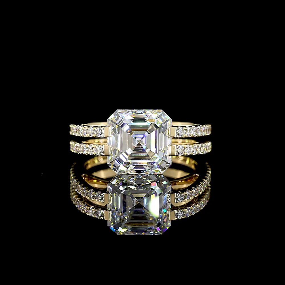 14K Yellow Gold Asscher Cut Bezel Set Lab Diamond Ring with Split Shank Double Row Diamond Band - 4.50 Total Carat Weight, IGI Certified E-F VS1 - Covaloro Fine Jewelry - Image 2