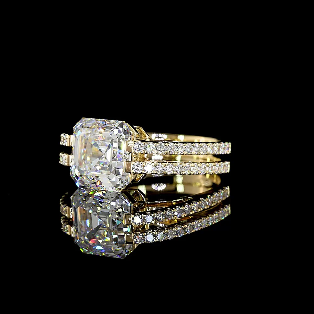 14K Yellow Gold Asscher Cut Bezel Set Lab Diamond Ring with Split Shank Double Row Diamond Band - 4.50 Total Carat Weight, IGI Certified E-F VS1 - Covaloro Fine Jewelry - Image 3