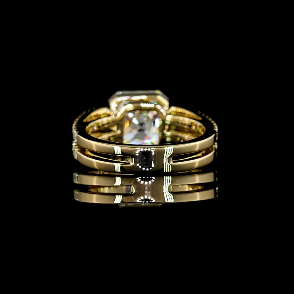 14K Yellow Gold Asscher Cut Bezel Set Lab Diamond Ring with Split Shank Double Row Diamond Band - 4.50 Total Carat Weight, IGI Certified E-F VS1 - Covaloro Fine Jewelry - Image 4