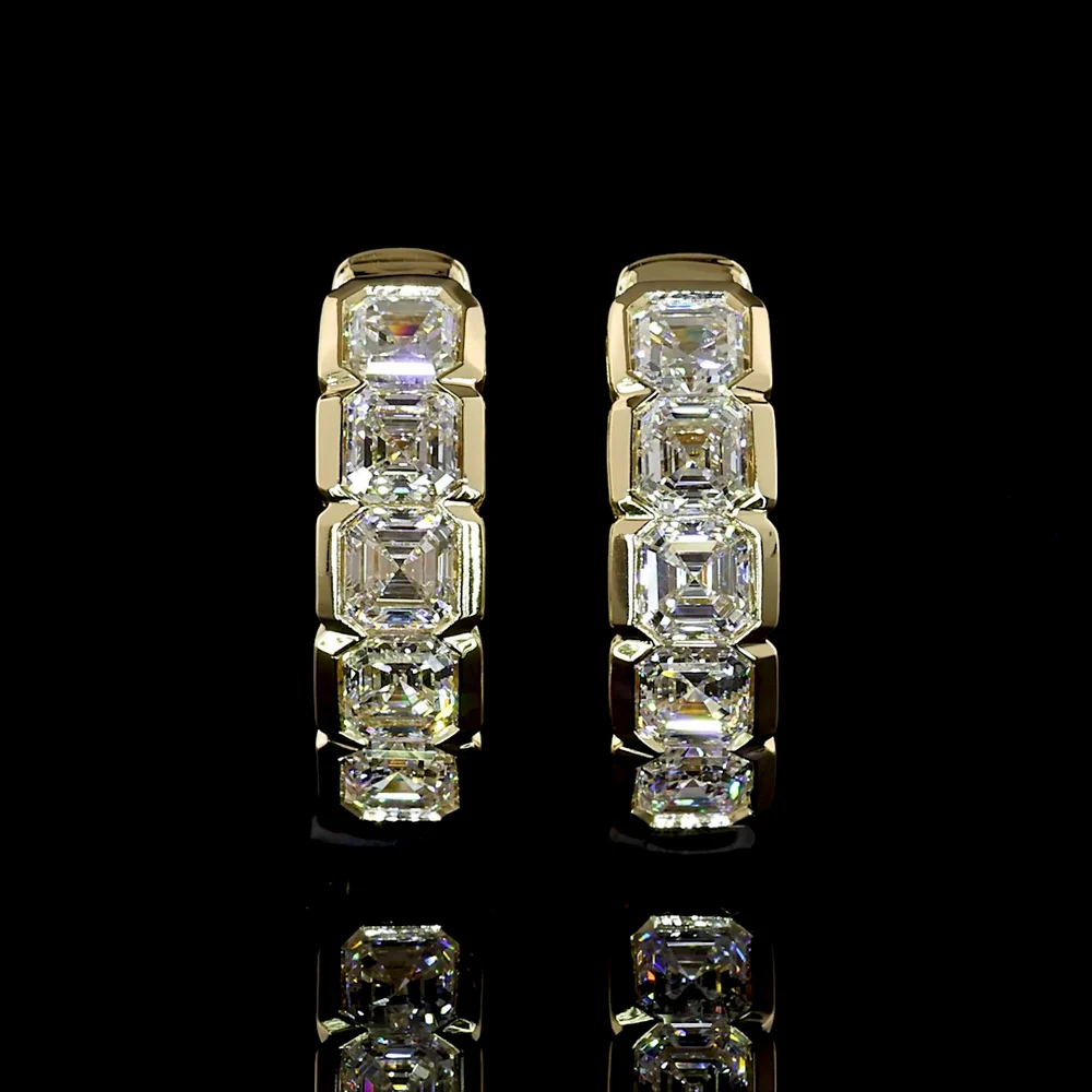 14K Yellow Gold Asscher Cut Diamond Huggie Earrings with Half Bezel Setting - 1.01 Carat Total Weight, E-F Color, VS+ Clarity - Covaloro Fine Jewelry