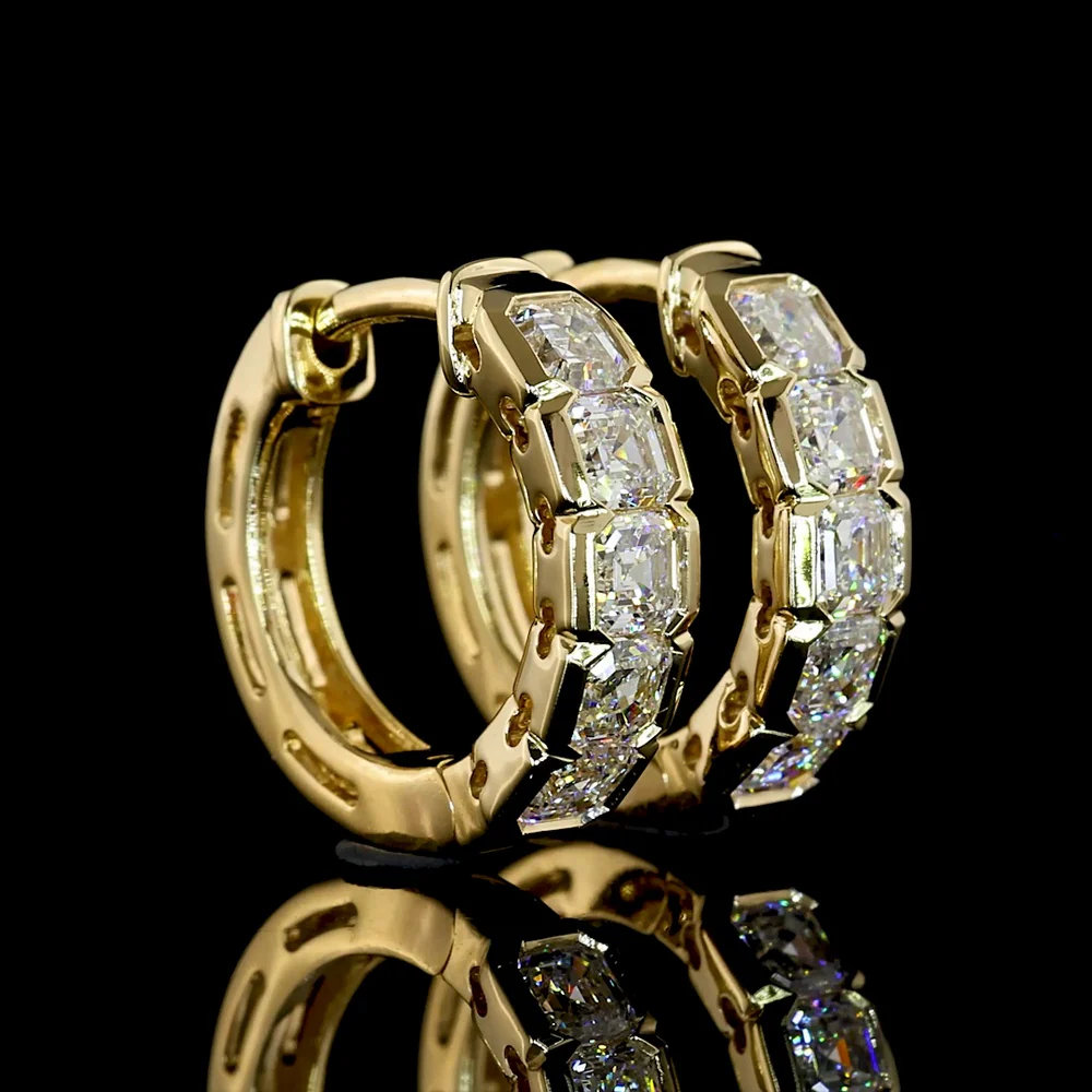 14K Yellow Gold Asscher Cut Diamond Huggie Earrings with Half Bezel Setting - 1.01 Carat Total Weight, E-F Color, VS+ Clarity - Covaloro Fine Jewelry - Image 2